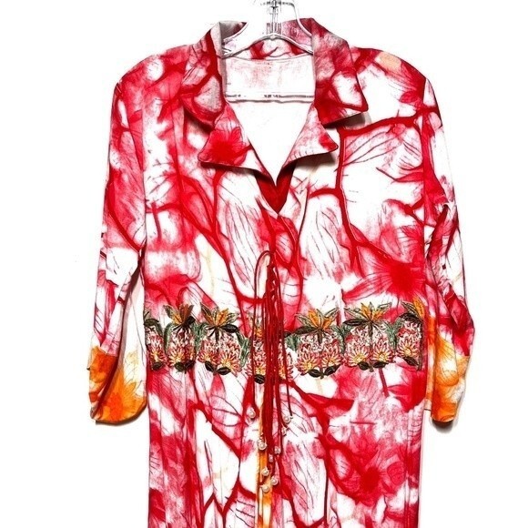 Tie Dye Water Color Embroidered Waist Maxi Dress in Red, Orange and White L - Picture 2 of 12